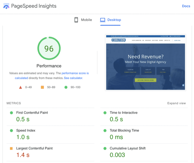 Screenshot of Google PageSpeed Insights results
