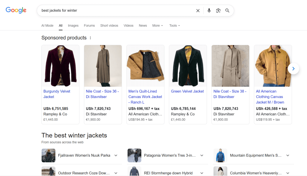 paid search ads for winter jackets showing up as sponsored products