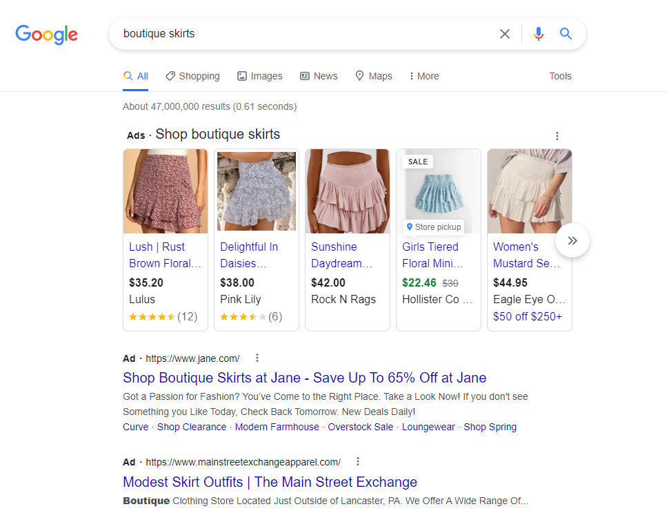 a SERP for the term “boutique skirts” displaying PPC ads