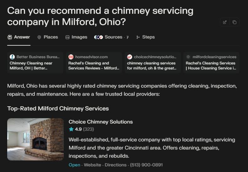 Perplexity query for “Can you recommend a chimney servicing company in Milford, Ohio?”