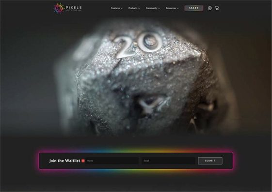 Pixels LED website hero with dice close-up and email signup form, showcasing modern web design