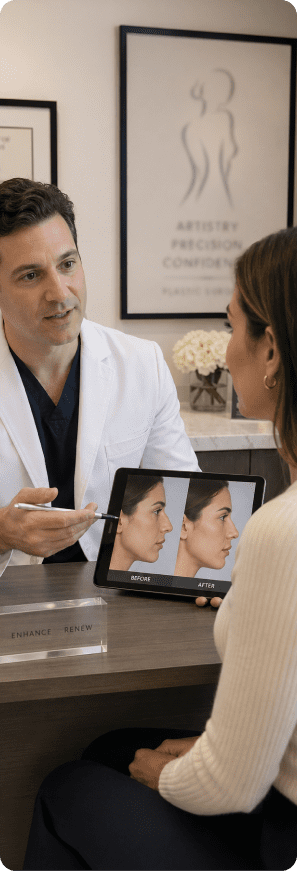Plastic surgeon talking to a patient during a cosmetic procedure consultation for plastic surgery