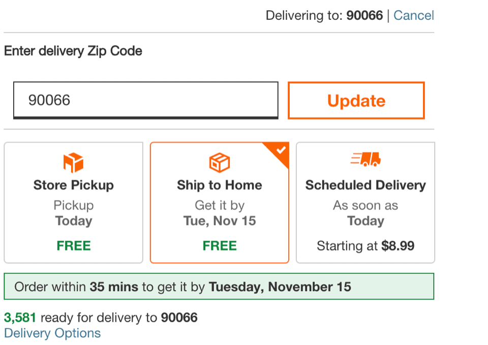 A product page showing shipping options based on a zip code