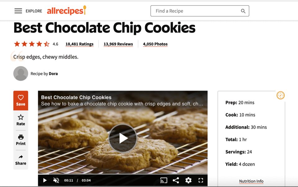 A cookie recipe showing a prominent video