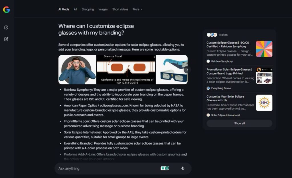 AI Mode query for “Where can I customize eclipse glasses with my branding?”