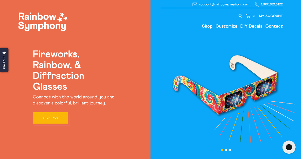 Rainbow Symphony homepage hero section web design with product image, bold headline, and call to action