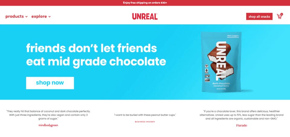 a red and blue homepage showing off chocolate