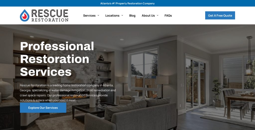 screenshot of Rescue Restoration's homepage