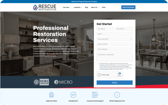 The Rescue Restoration homepage.