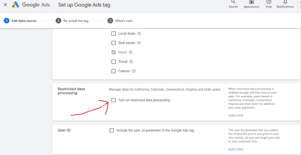 Restricted data processing settings in Google Ads