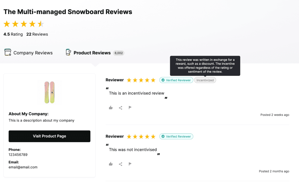 Screenshot of a product review page for a snowboard, showing verified and incentivized reviews with disclosure badges and example customer comments.