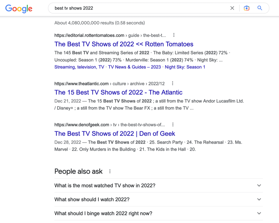 Screenshot of search engine results page for query “best tv shows 2022”