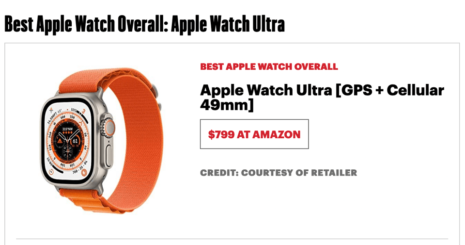 Screenshot of Apple Watch Ultra with price of $799 at Amazon