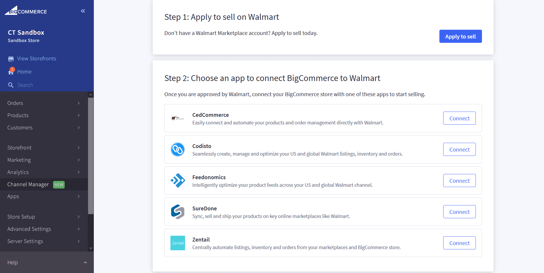 a screen with a link to apply to sell on Walmart Marketplace