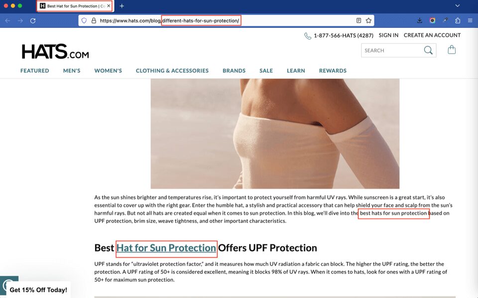 Screenshot of a blog post optimized for “hat for sun protection” keyword
