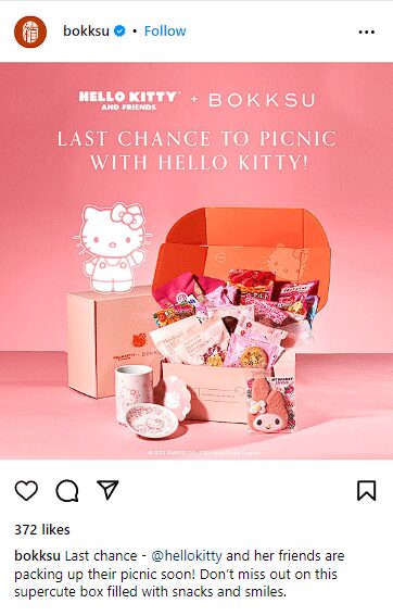A social media post from Bokksu announcing the last chance to grab their Hello Kitty-themed box