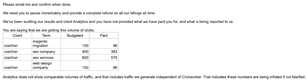 screenshot of our correspondence with Clickworker