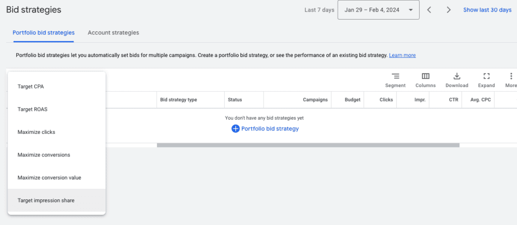 Screenshot of Google Ads’ Portfolio Bid Strategies With Campaign Objectives