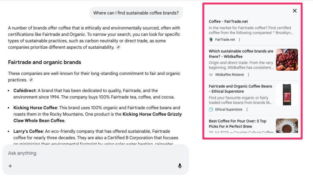 Screenshot of Google AI results for where to find sustainable coffee brands