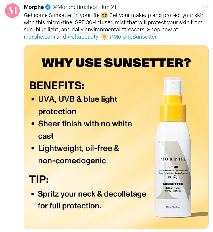 An ad from Morphe promoting their Sunsetter setting spray on Twitter