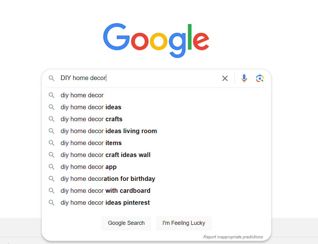 A Google search for home decor
