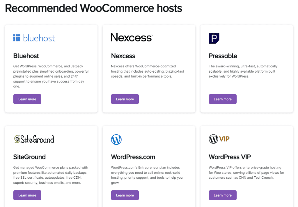 a selection of recommended WooCommerce hosts