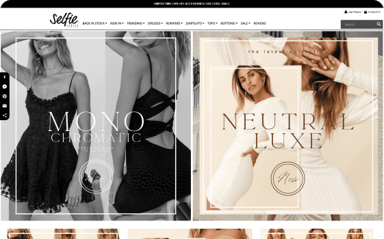 Selfie Leslie website homepage featuring women’s fashion collections and promotional banners