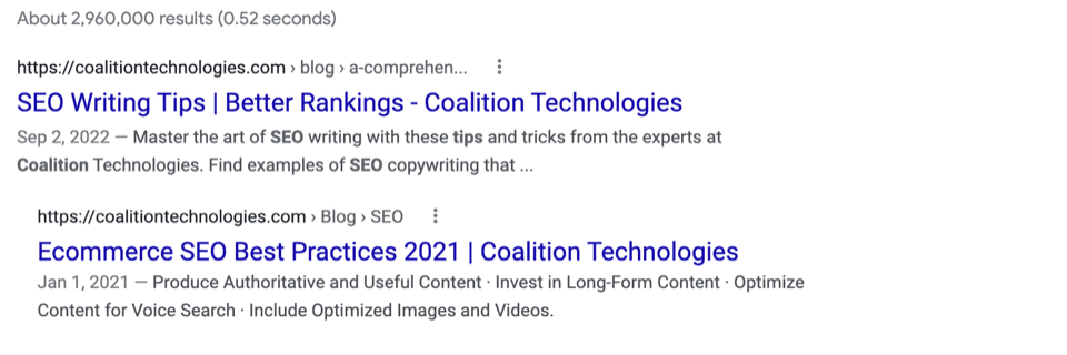 Examples of meta descriptions from Coalition Technologies