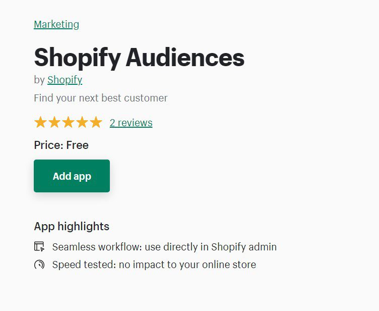 Shopify Audiences app store page