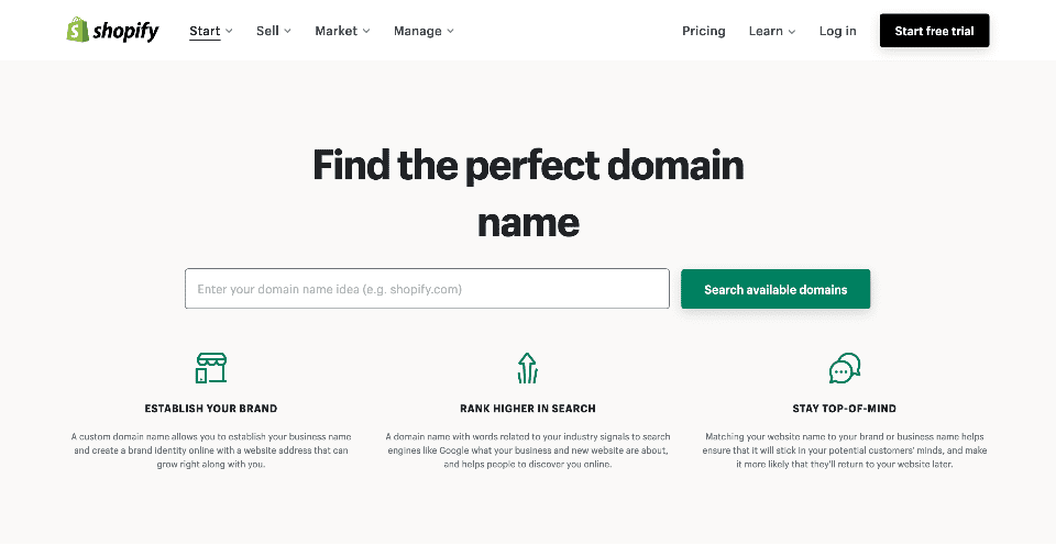 screenshot of Shopify landing for searching available domains