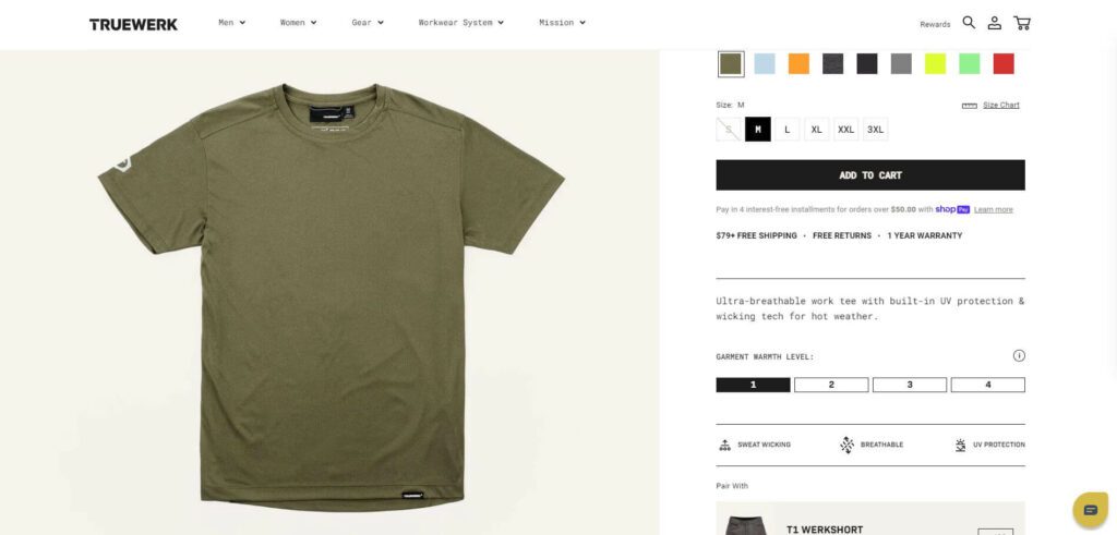 A screenshot of the product page for the TRUEWERK B1 Short Sleeve Tee