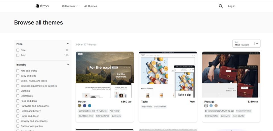 Shopify’s theme gallery page