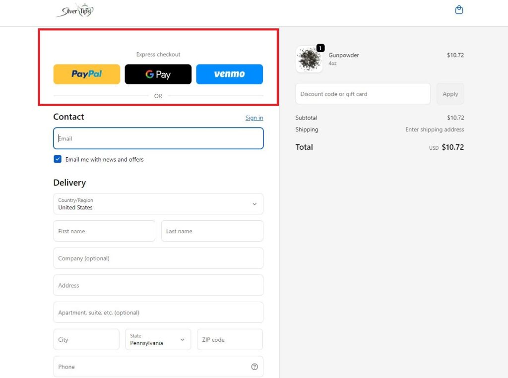 Silver Tips Tea checkout screen