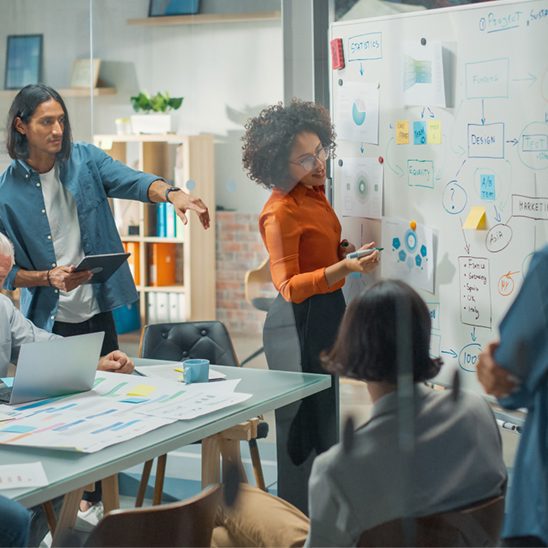 Team planning content and campaign ideas on a whiteboard during a social media marketing meeting