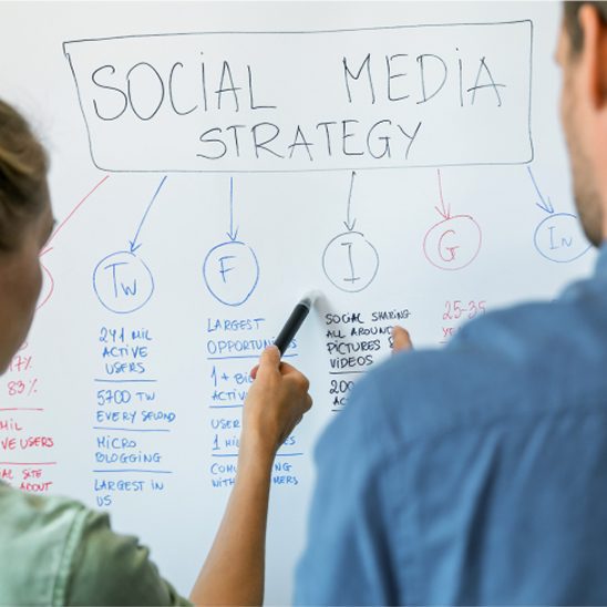 Team outlining a social media marketing strategy on a whiteboard with platform icons and audience notes