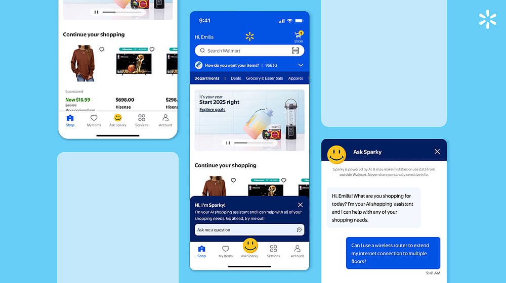 Walmart’s “Sparky” AI shopping assistant interface displayed on a mobile app screen, showing a chat window and shopping recommendations.