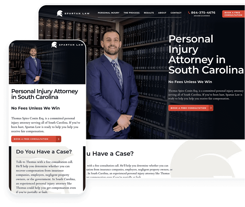 Personal injury law firm lead generation website homepage displayed on desktop and mobile, showcasing responsive web design