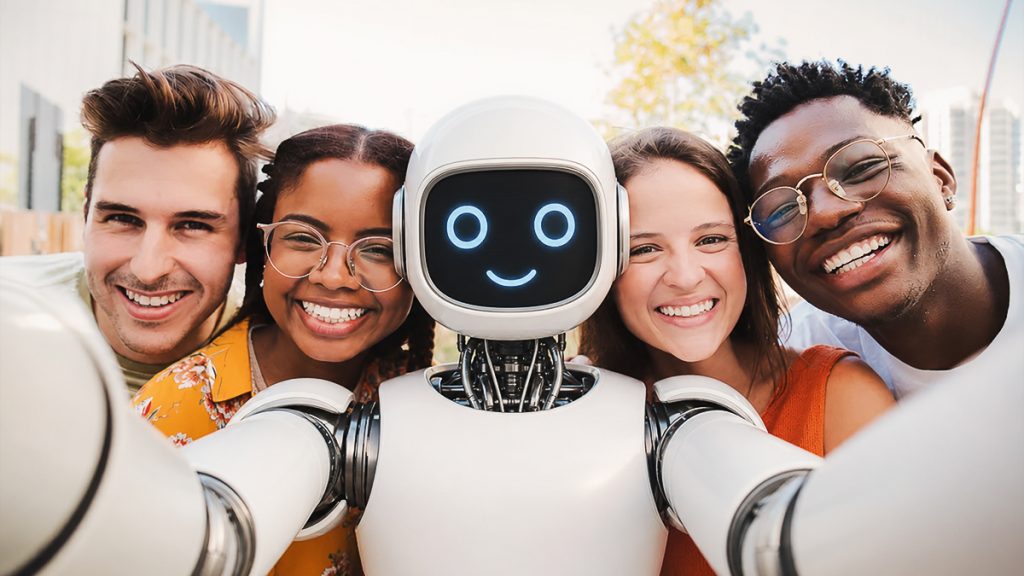 Group of smiling friends taking a selfie with a friendly robot, representing how people treat AI search systems like people.