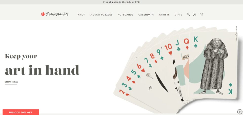 a store homepage showing a stylized deck of cards