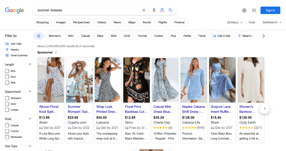 screenshot of Google Shopping ads for summer dresses