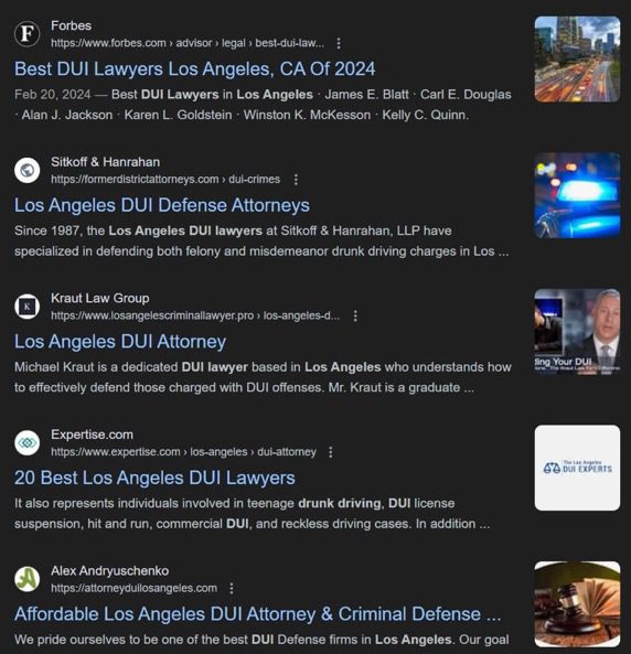 traditional search result listings for DUI lawyers