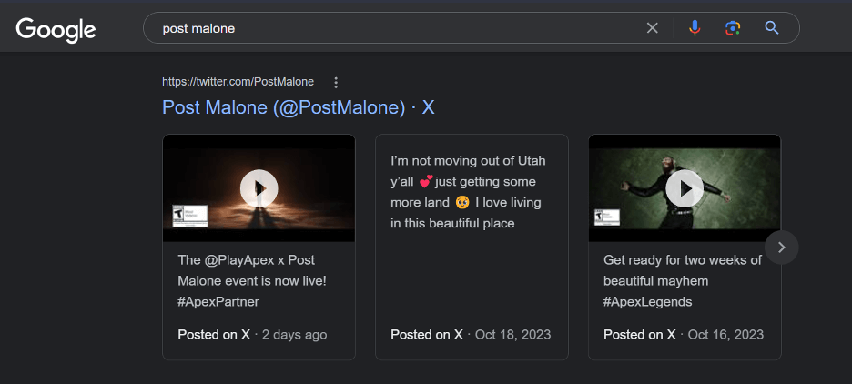 Post Malone’s tweet panels in the SERP listing