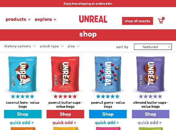 Unreal Brands' product category page with menus and filters