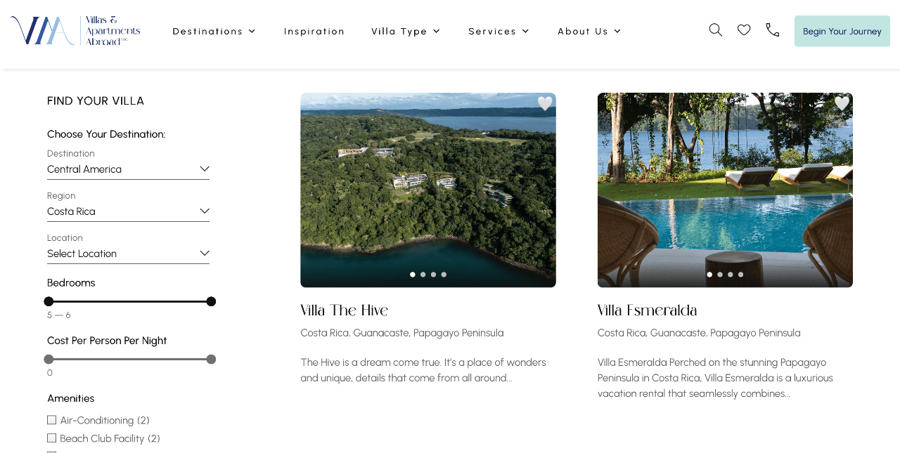 screenshot of Villas and Apartments Abroad villa listing page with search filters