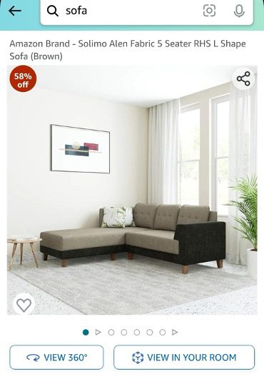 Virtual reality option to a sofa in a room on Amazon