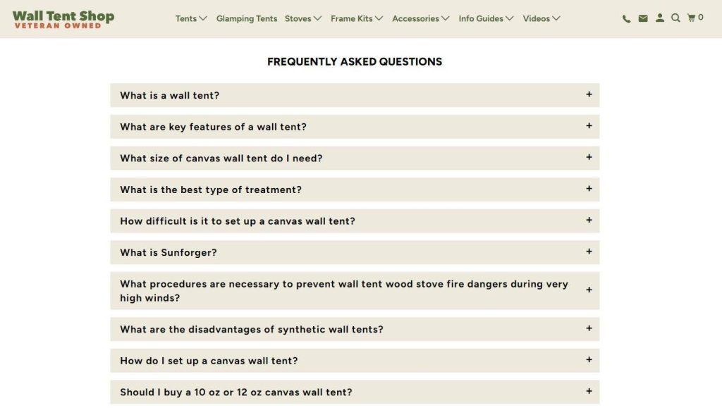 Frequently Asked Questions on the Wall Tent Shop homepage