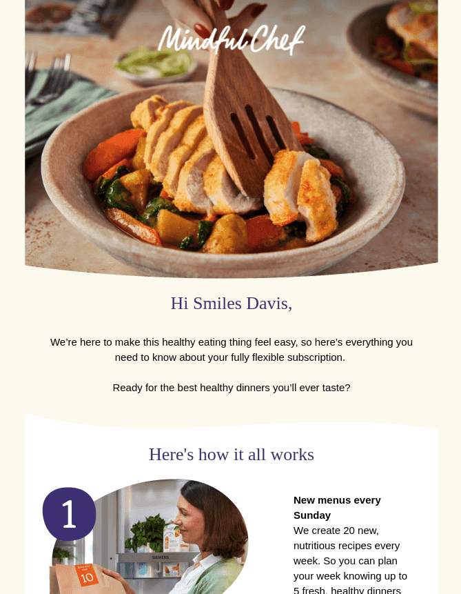 a welcome email from Mindful Chef featuring food