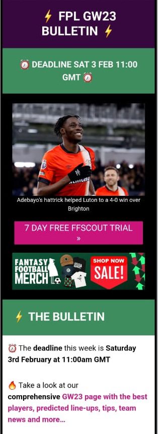 Email from Fantasy League site reminding players of the upcoming deadline