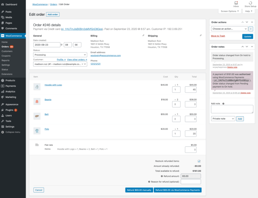 Screenshot showing product return within WooCommerce