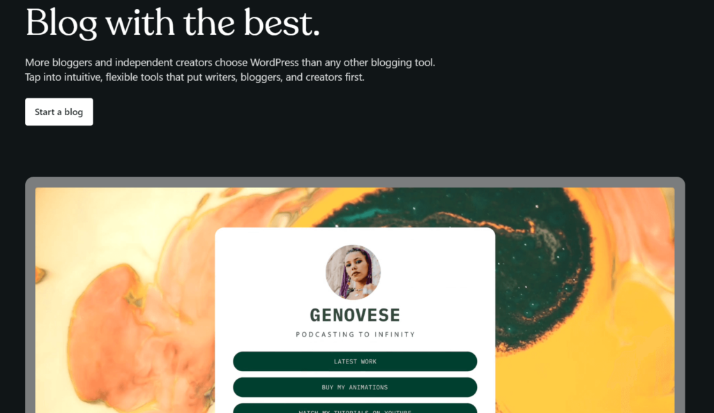 a WordPress landing page for creating a blog